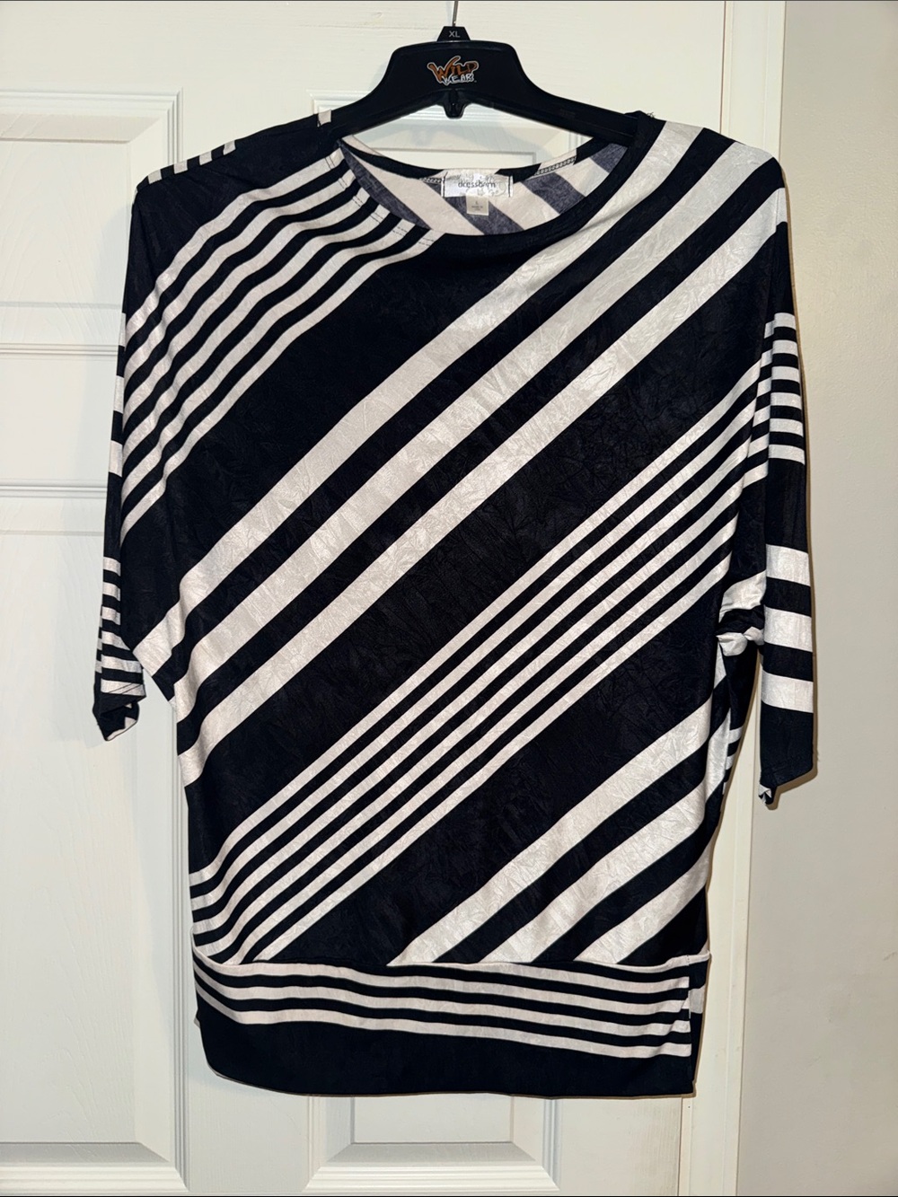dressbarn Black & White Diagonal Stripe Short Sleeve Top